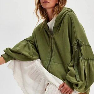 Free People Bow Girl Sweatshirt Zipper Oversized Balloon Sleeve Hoodie XS